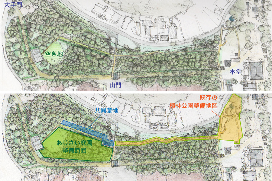 日本寺の平面図とあじさい庭園予定地